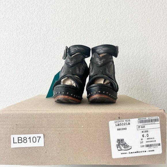 Lane Boots LEXINGTON Womens Black Wedges 6 Western Sandals Cowgirl Wooden Heel - Picture 10 of 11